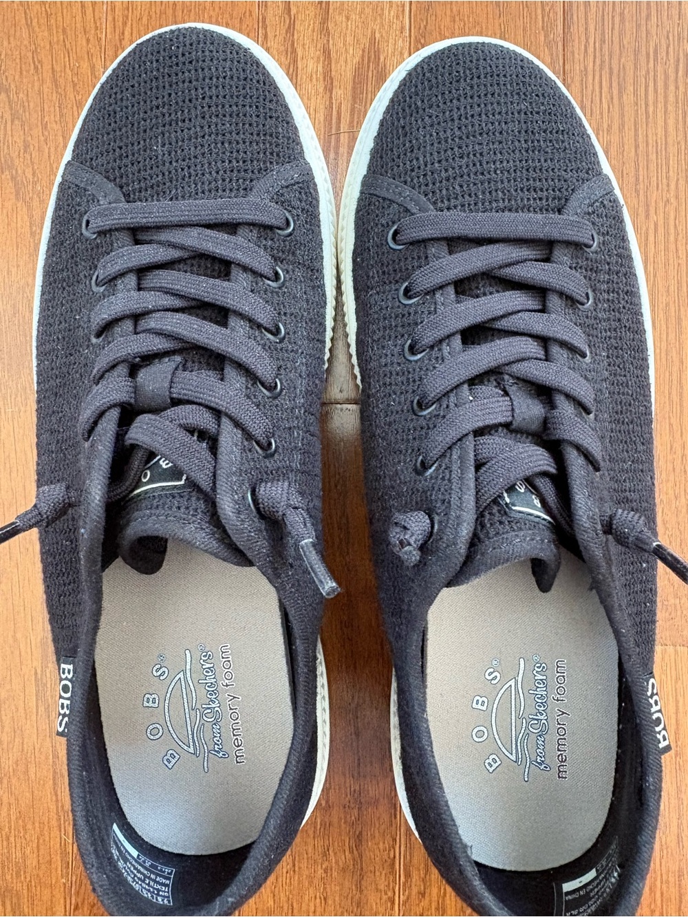 Skechers BOBS Women’s Knit Lace-Up Sneakers in Black with White Soles